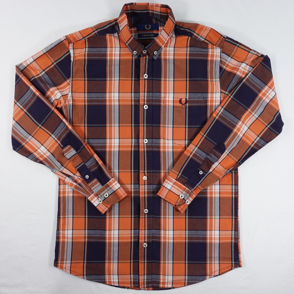 Fred Perry Button Down Shirt Men's Large Plaid Long Sleeve Orange Navy
